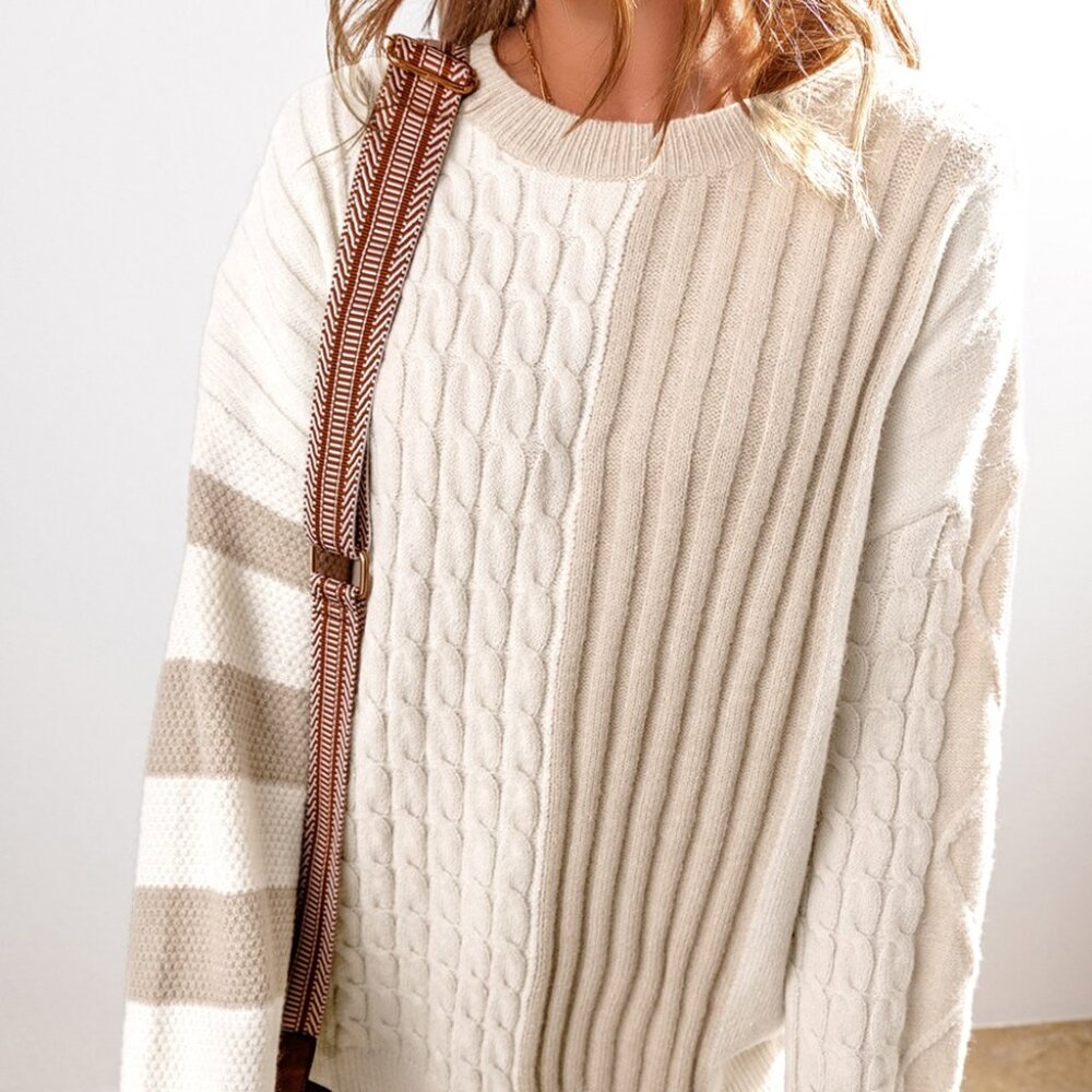 Cable-Knit Color Block Round Neck Sweater